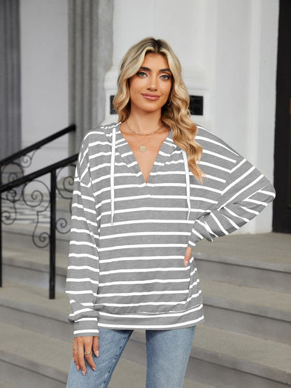 Drawstring Striped Long Sleeve Hoodie.