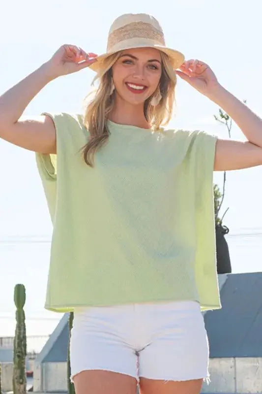 Lime 'N' Chili Textured Solid Muscle Sleeve Top - Love Salve 