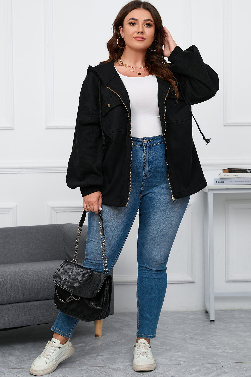 Chic black plus size hooded jacket with bishop sleeves