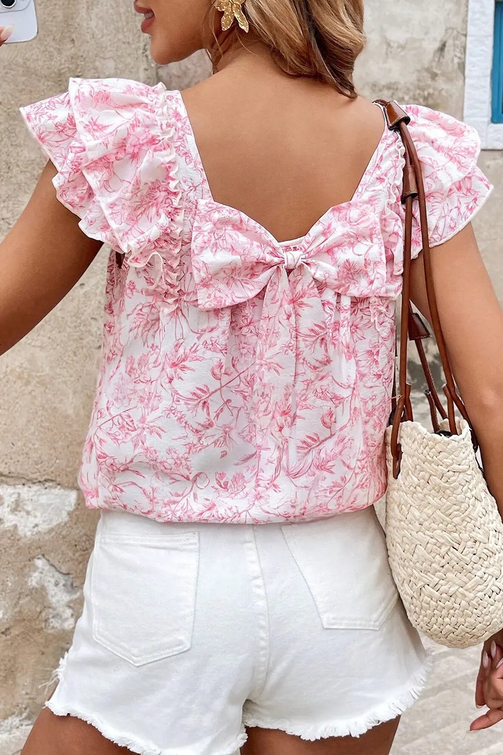 Pink Floral Ruffled Short Sleeve Bow Back Square Neck Blouse Love Salve