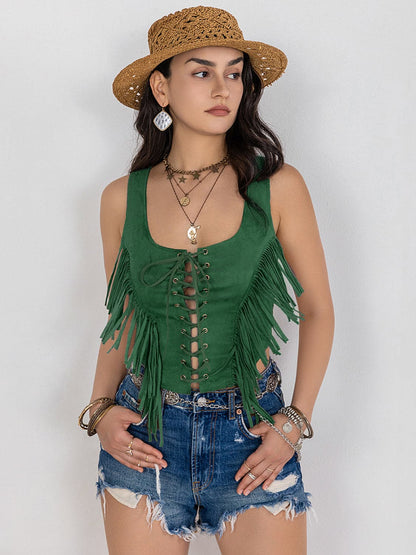 Fringe Lace-Up Wide Strap Tank.