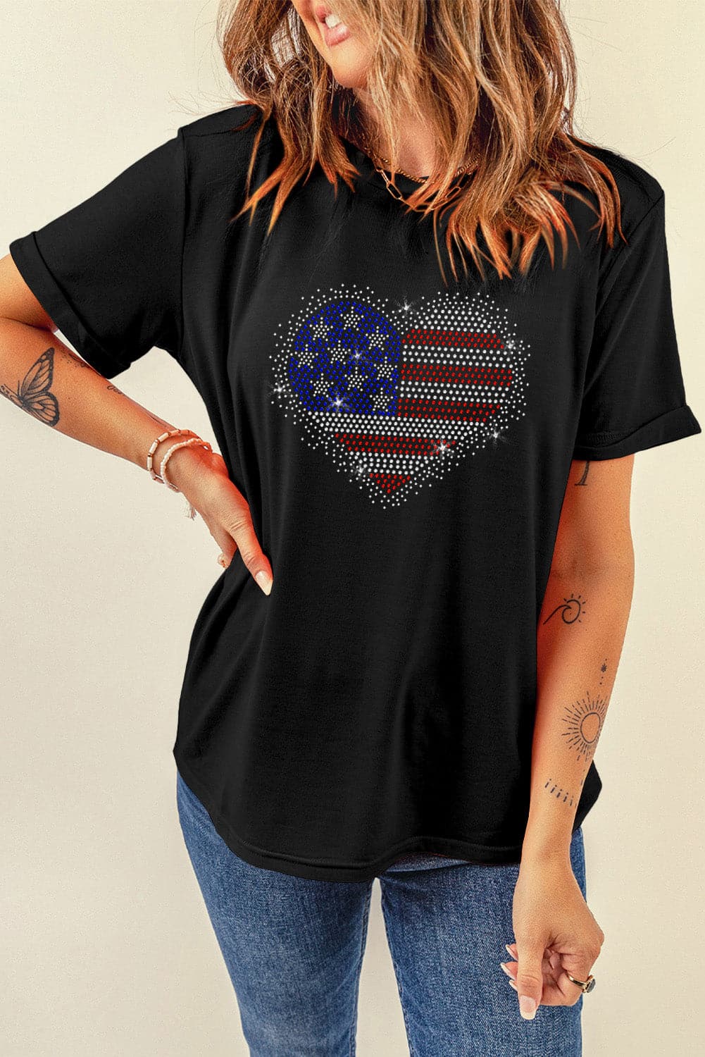 Rhinestone Heart Round Neck Short Sleeve T-Shirt.