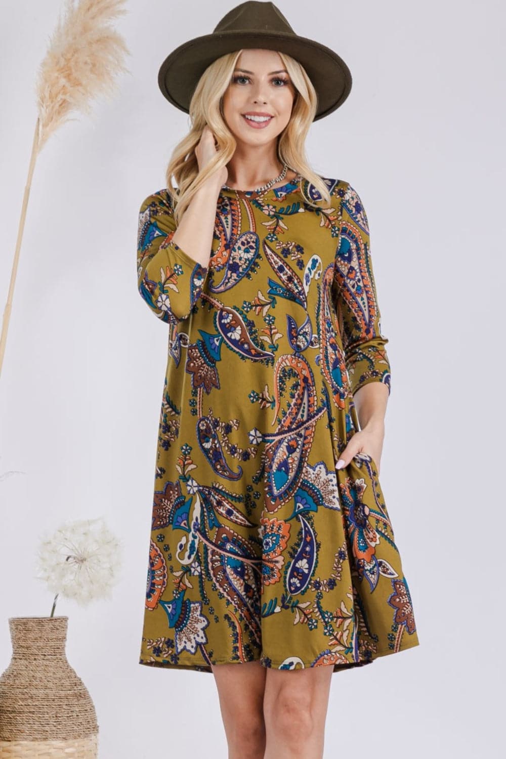 Celeste Full Size Paisley Print Round Neck Dress with Pockets.