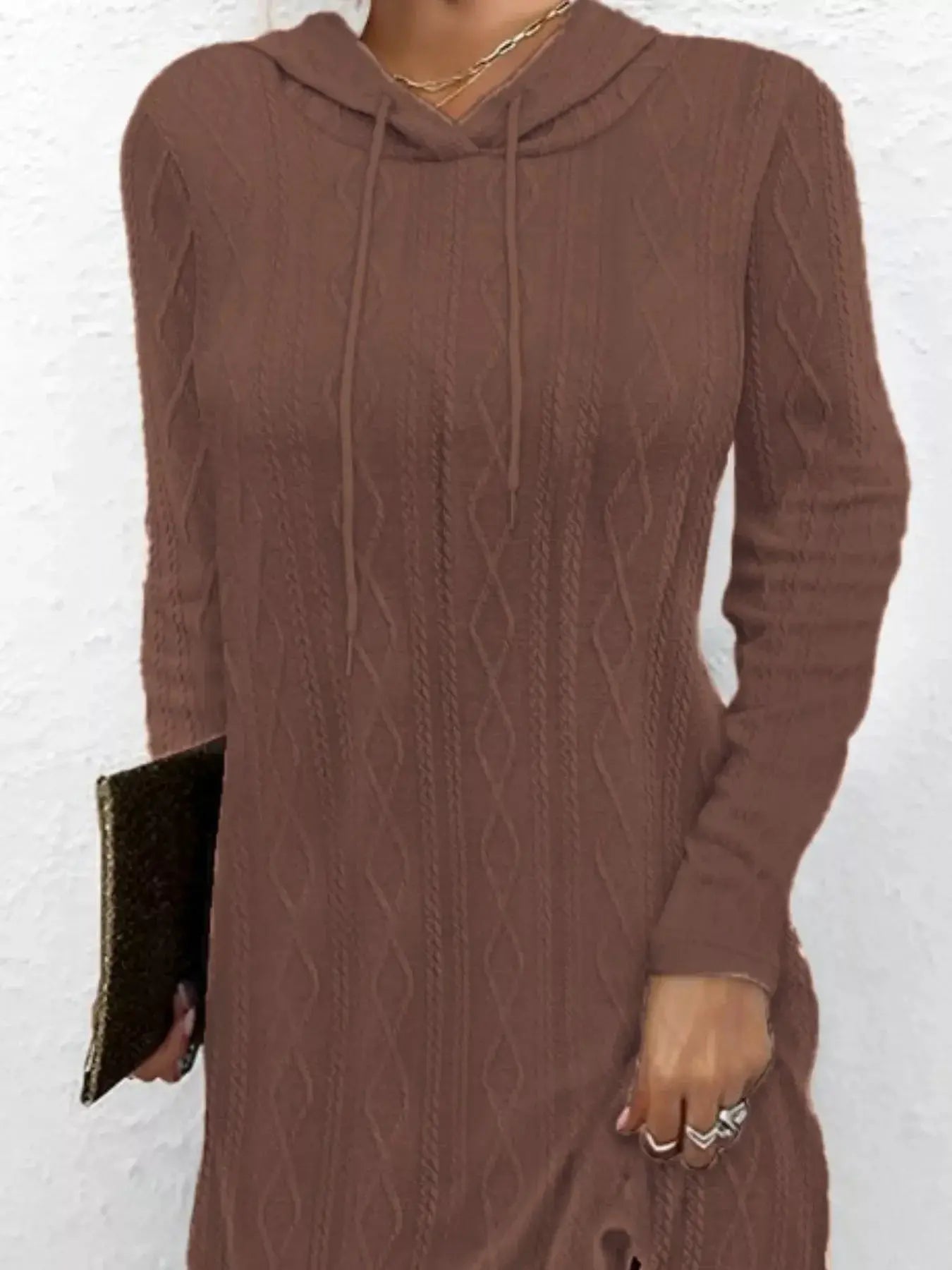 Casual Long Sleeve Hooded Cable Knit Dress With Drawstring Slit Simply Love