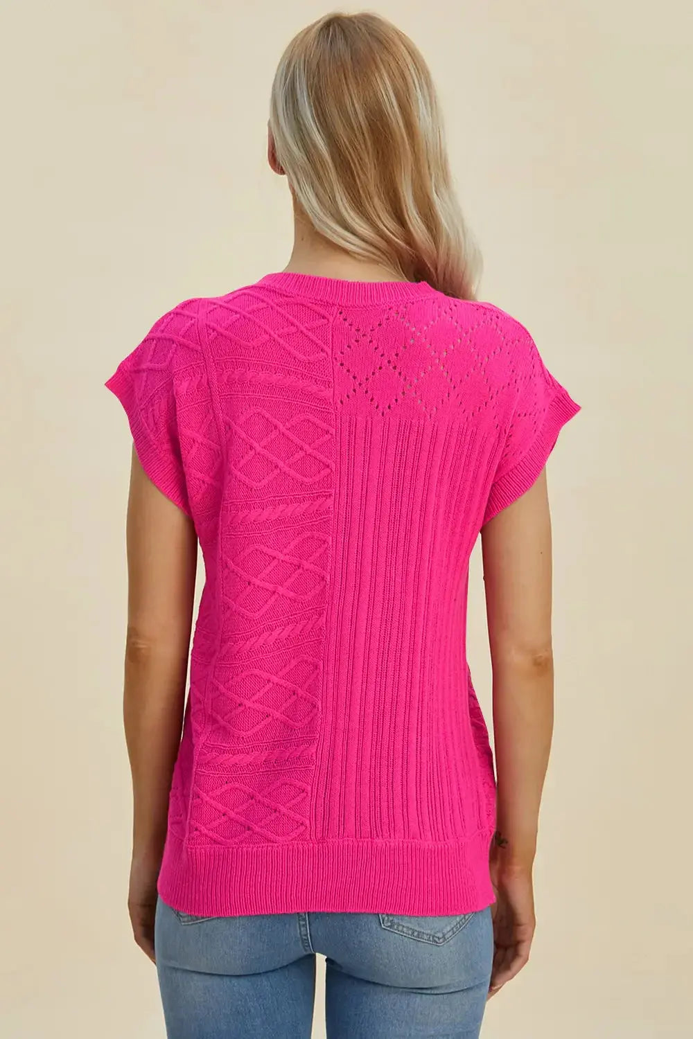 Double Take Full Size Cable-Knit Round Neck Cap Sleeve Sweater - Love Salve