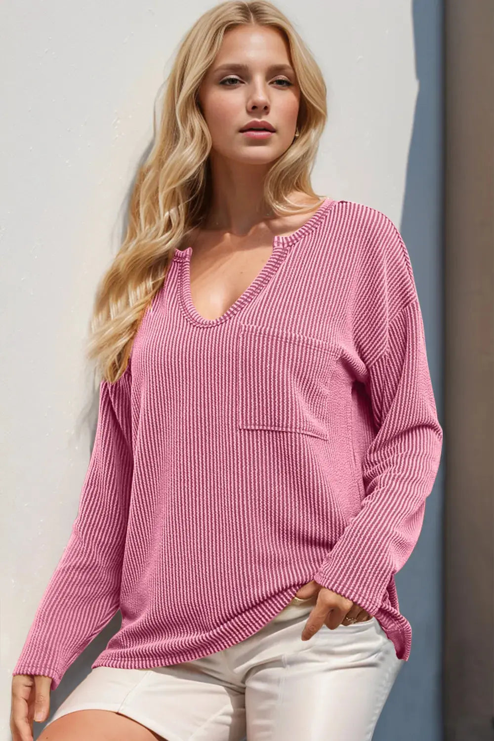 Double Take Striped Notched Long Sleeve T-Shirt - Love Salve