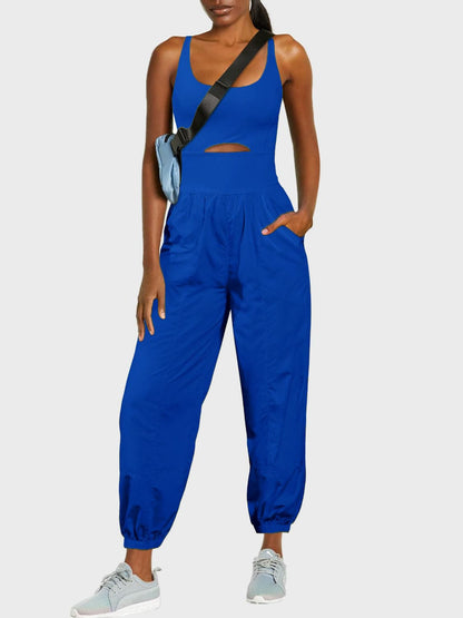 Chic cutout scoop neck jumpsuit with wide straps and pockets