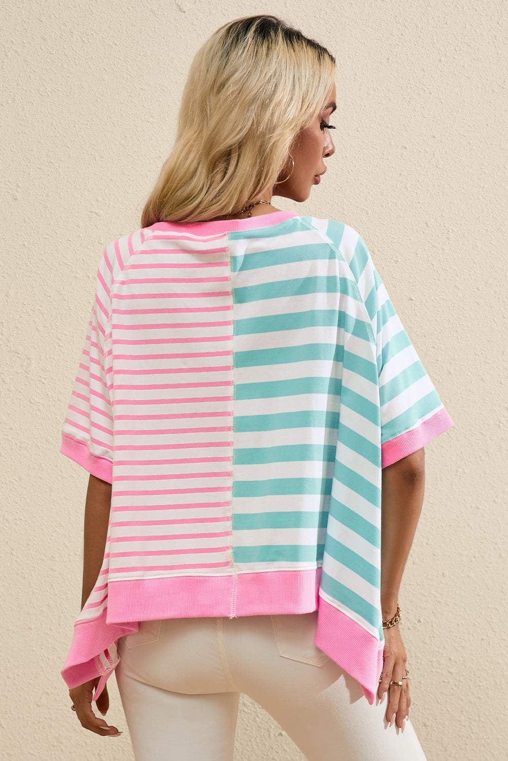 Chic pink stripe oversized patchwork tee for effortless style