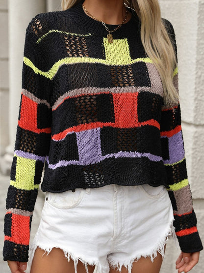 Openwork Color Block Round Neck Sweater.