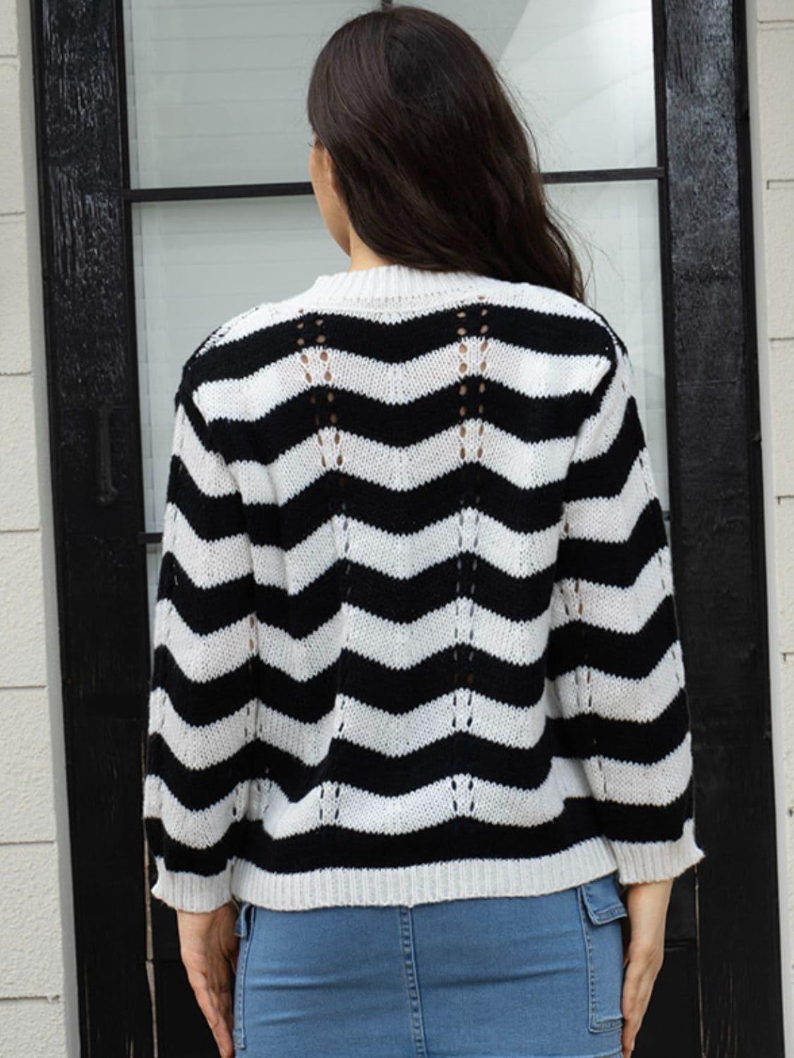 Openwork Striped V-Neck Sweater.