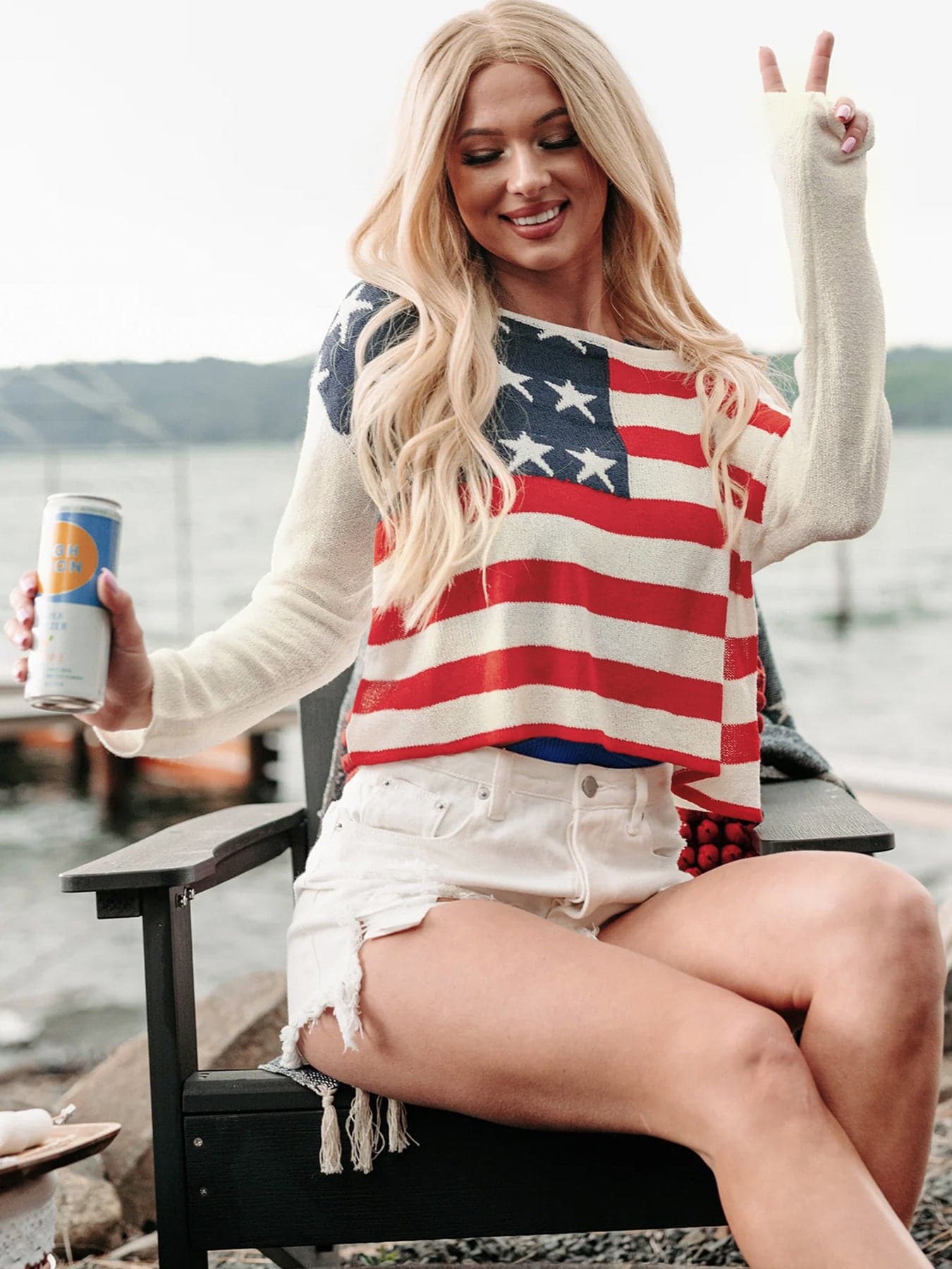 US Flag Boat Neck Long Sleeve Knit Top.