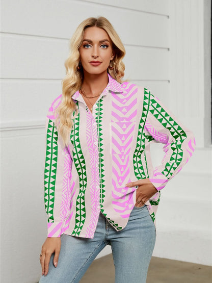 Geometric Collared Long Sleeve Button-Up Shirt