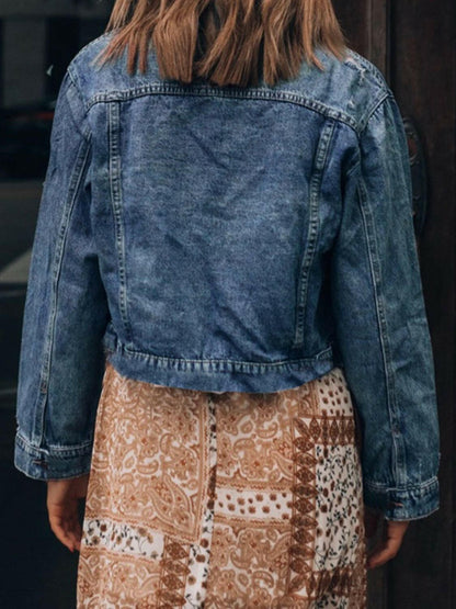 Button Up  Collared Neck Distressed Denim Jacket.