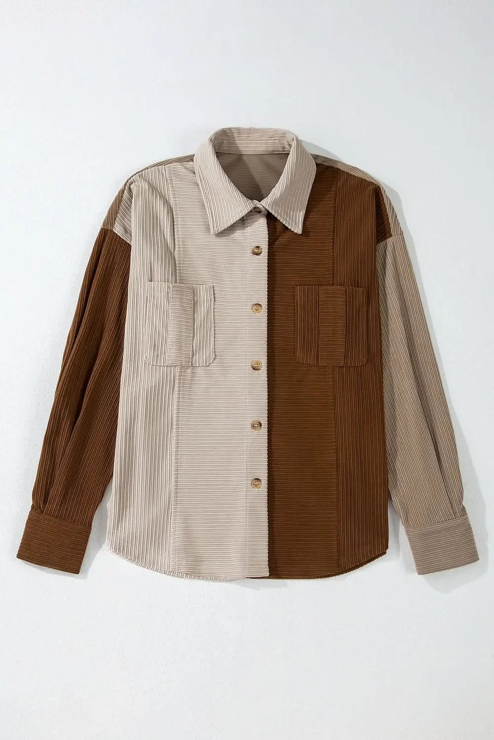 Brown Color Block Chest Pockets Buttoned Corduroy Shacket - Love Salve 