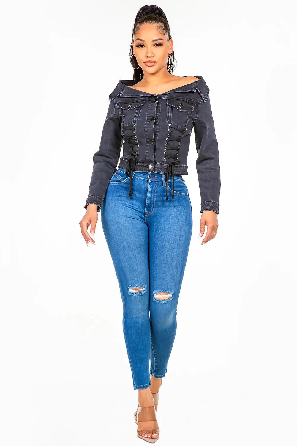 American Bazi Off Shoulder Lace Up Denim Jacket Coco’s Tee Boutique