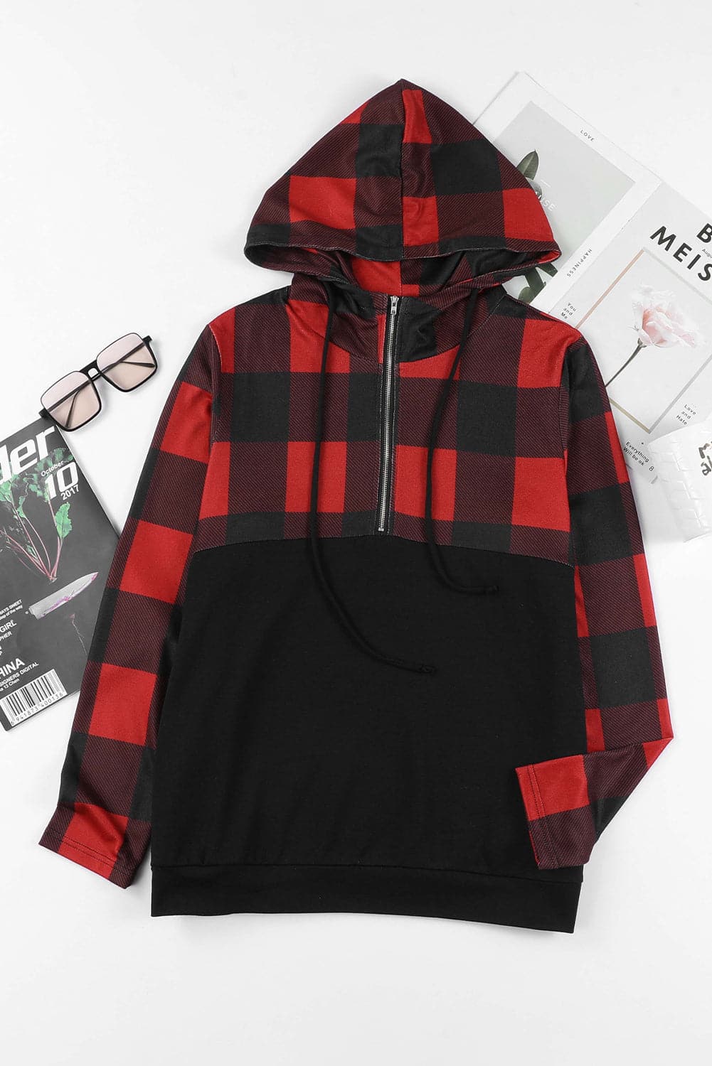 Drawstring Plaid Half Zip Hoodie.