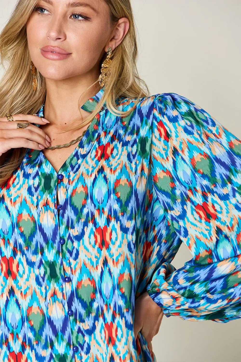 Double Take Full Size Printed Balloon Sleeve Blouse - Love Salve