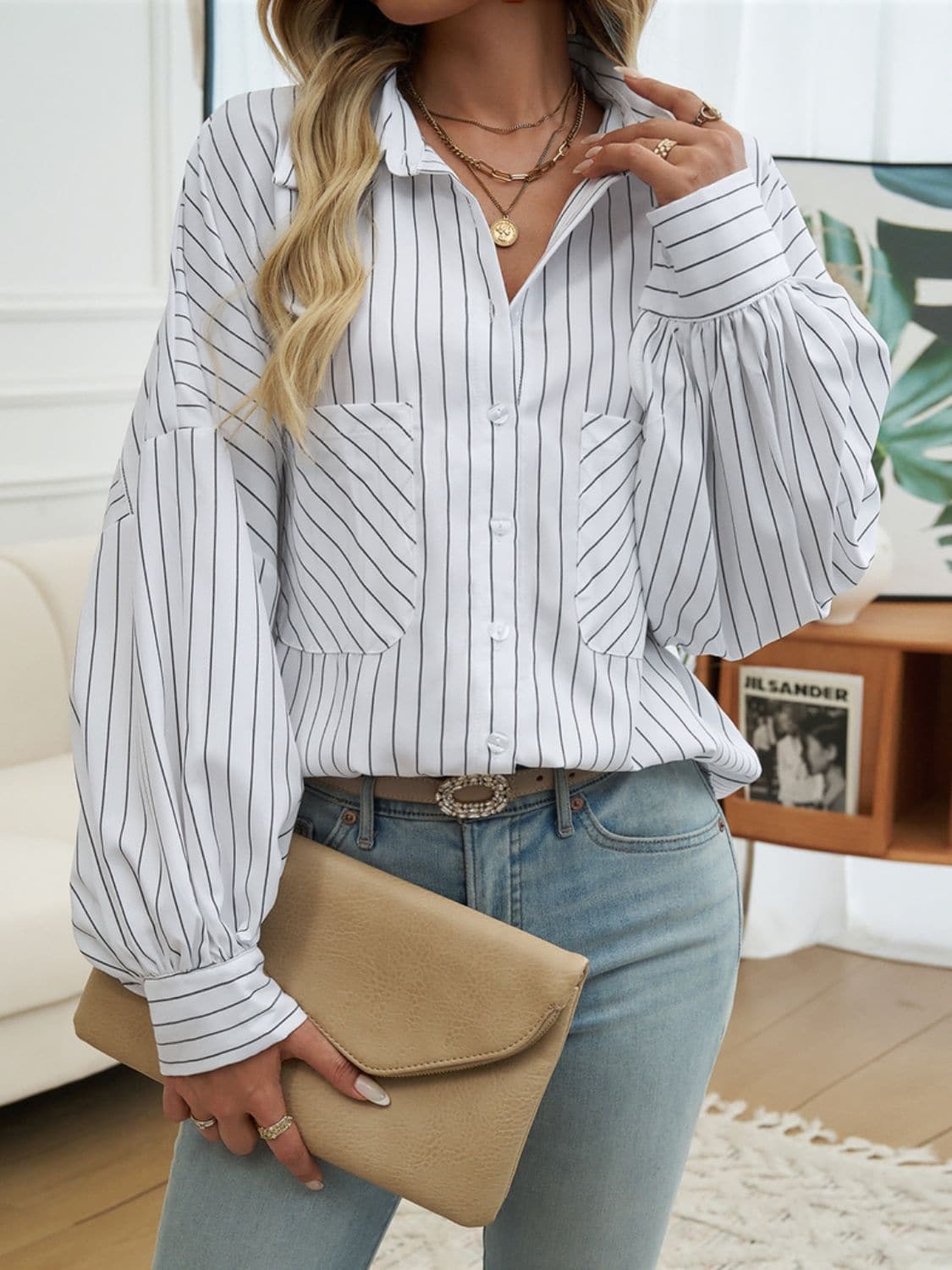 Striped Collared Neck Long Sleeve Shirt.