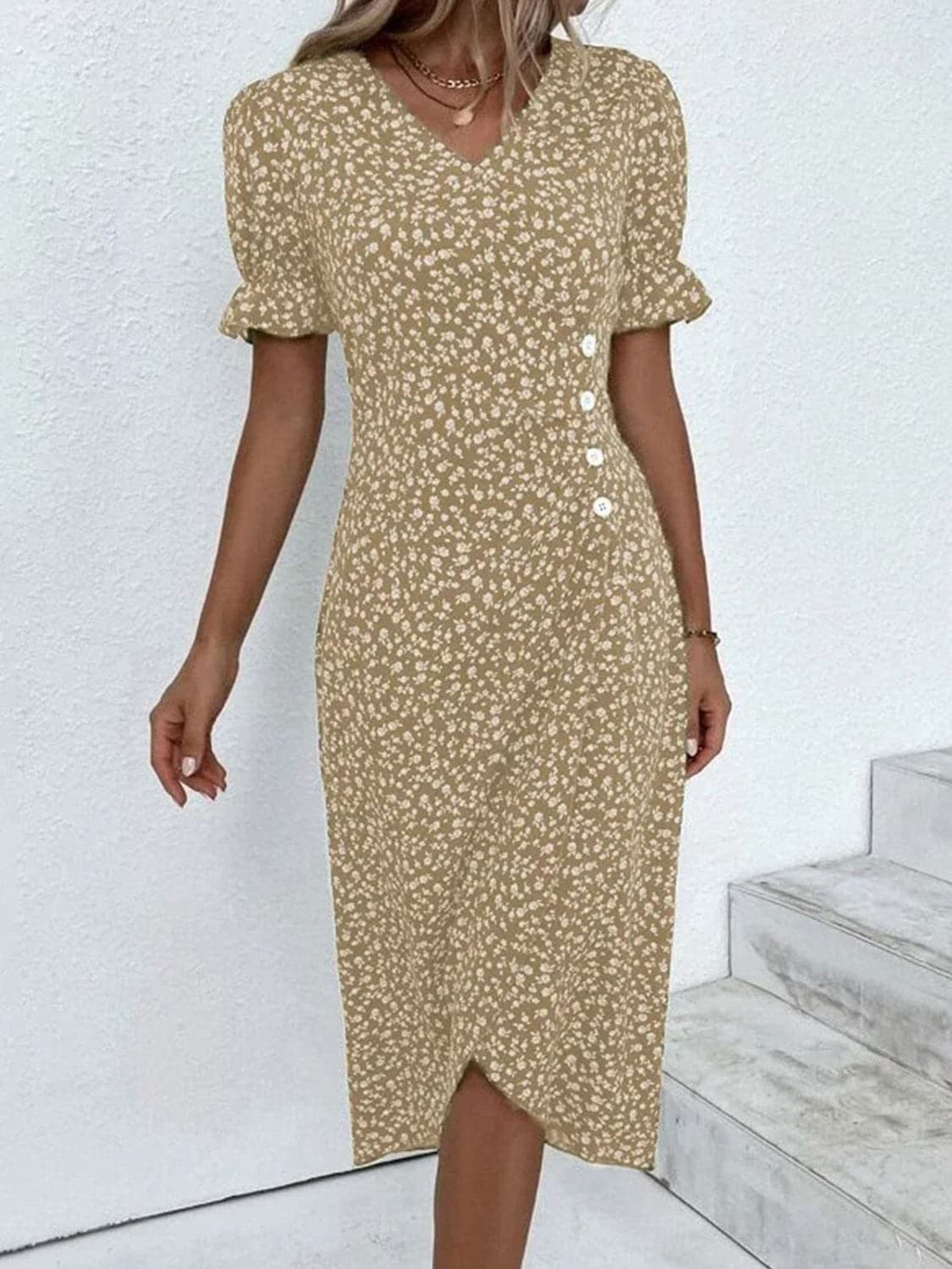 Full Size Printed Surplice Flounce Sleeve Midi Dress.