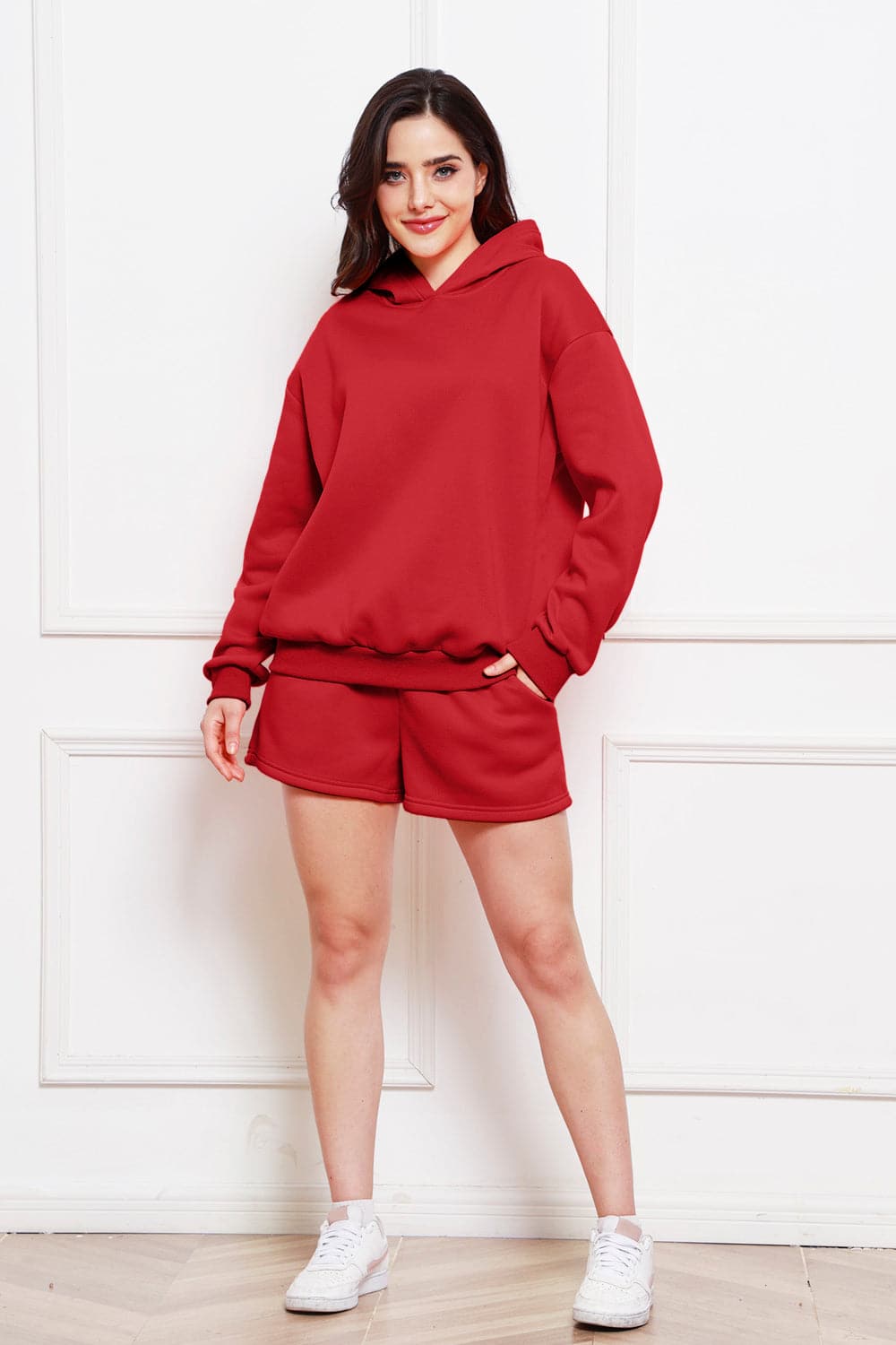 Drop Shoulder Long Sleeve Hoodie and Shorts Set.