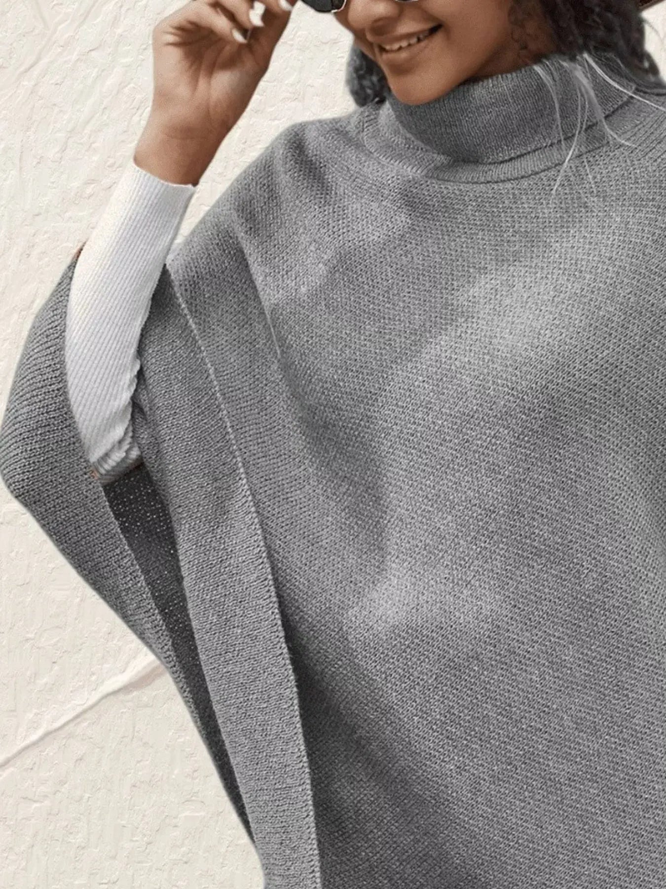 Button-Decor Turtleneck Poncho Pullover Simply Love