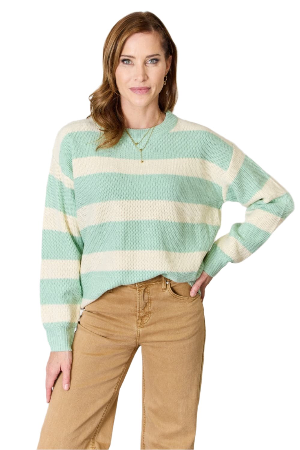 Sew In Love Full Size Contrast Striped Round Neck Sweater.