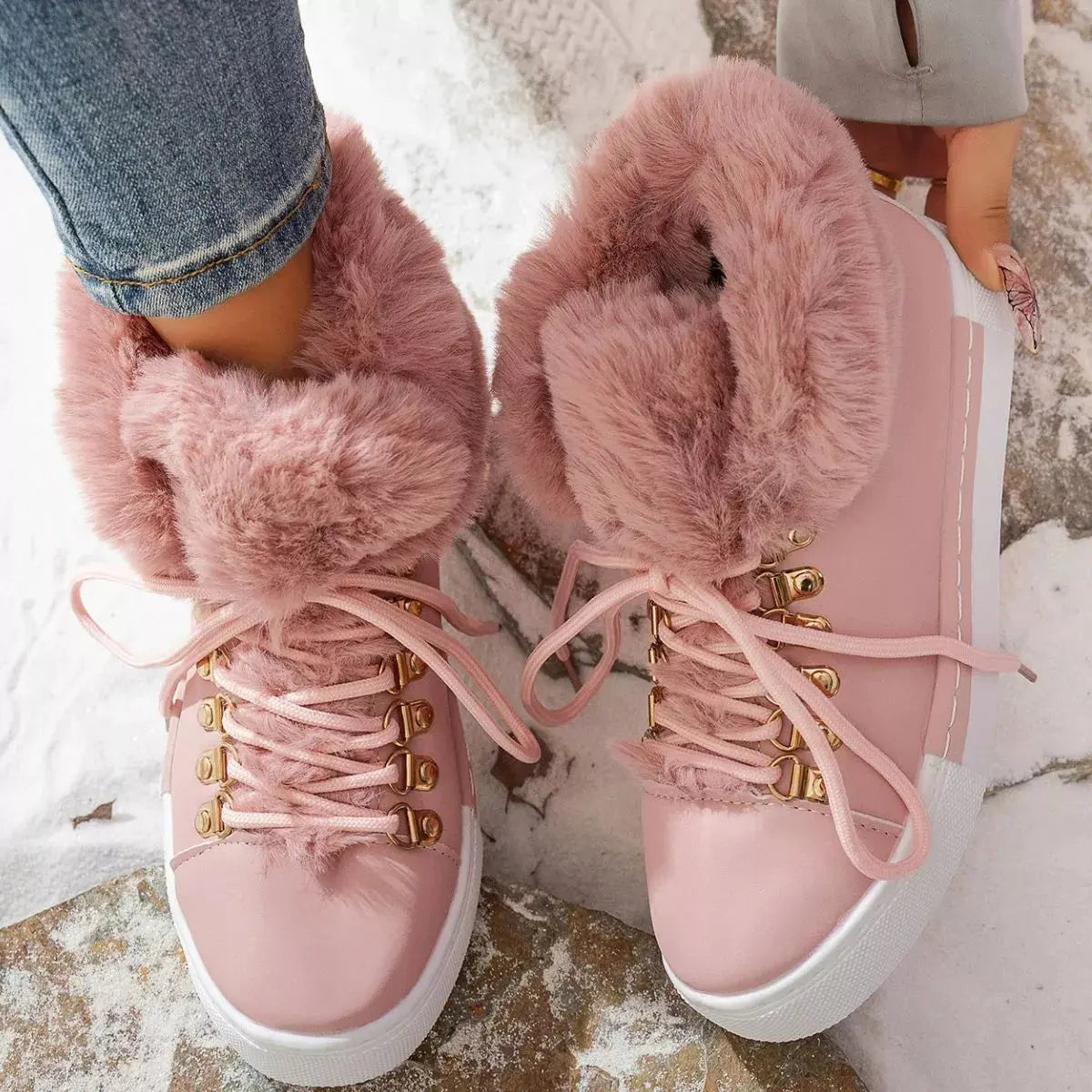 Fuzzy Trim Lace-Up Ankle Boots Simply Love
