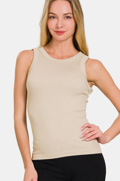 Zenana 2 Way Neckline Washed Ribbed Tank.