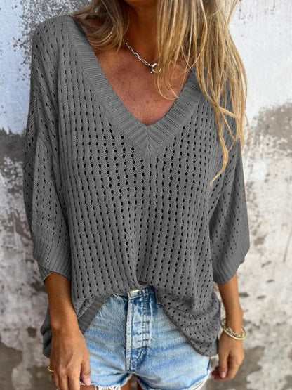 Full Size Openwork V-Neck Knit Cover Up Plus Size
