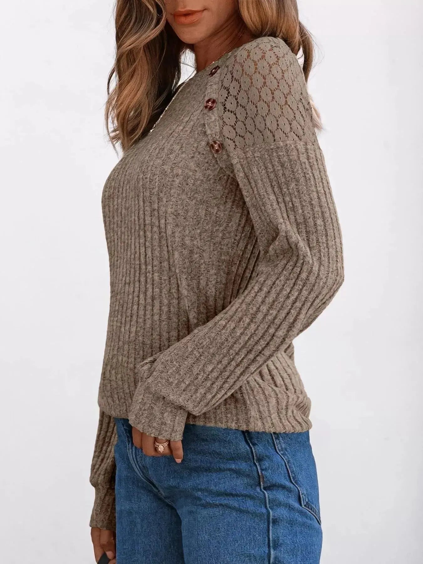 Ribbed Knit T-Shirt with Lace Shoulder Detail Simply Love