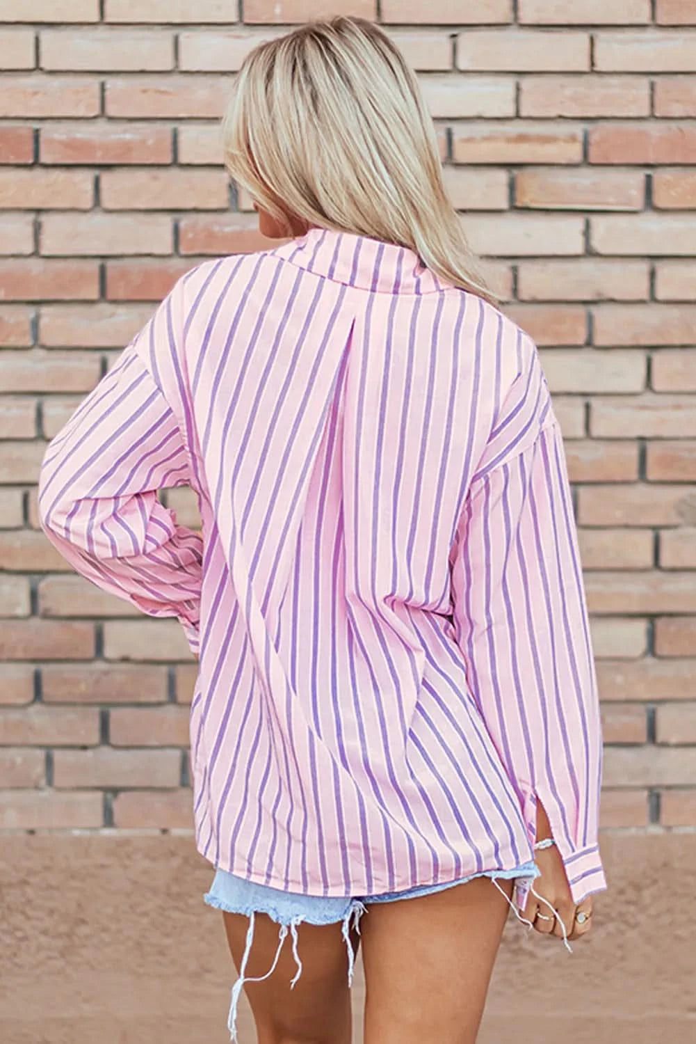 Collared Striped Long Sleeve Button-Up Shirt with Pockets