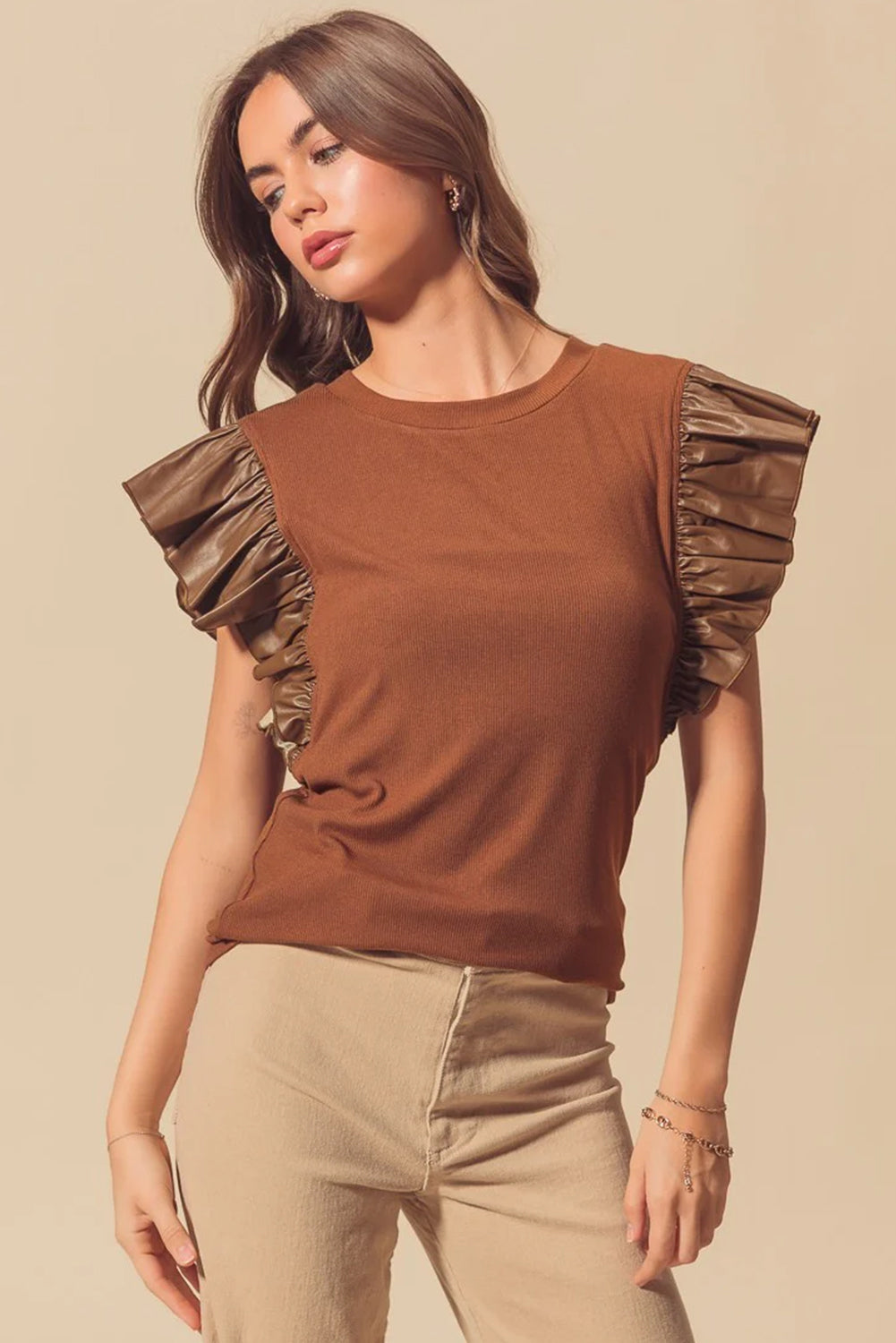 Cinnamon Ruffle Sleeve Faux Leather Round Neck Blouse