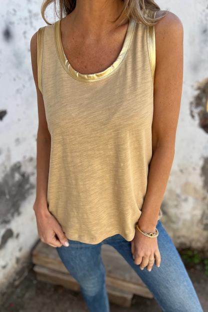 Tan Metallic Sheen Edge Scoop Neck Tank Top