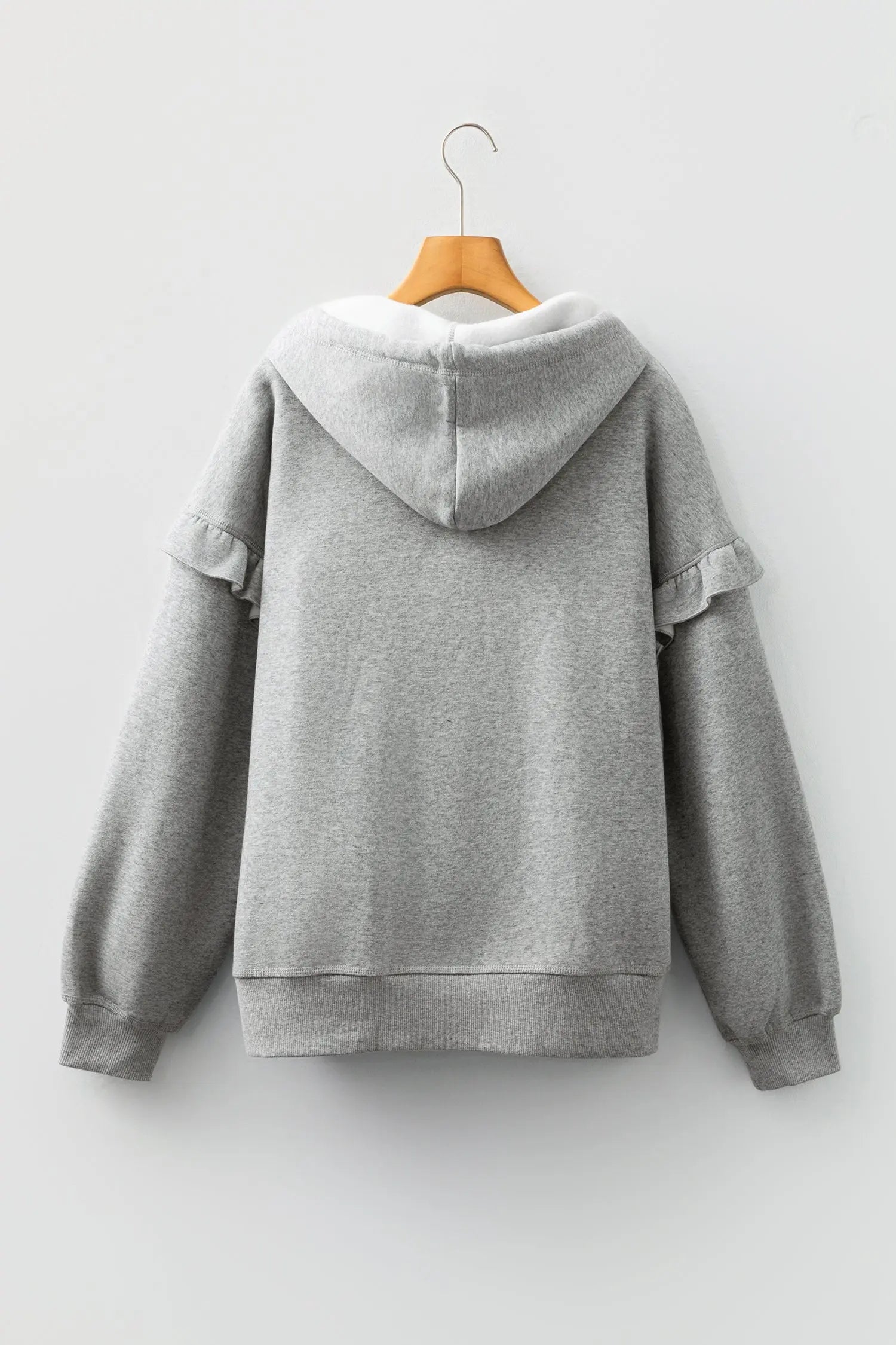 Gray Contrast Rope Drawstring Baggy Hoodie With Ruffle Trim Drop Shoulder Dear-Lover Dropshipping