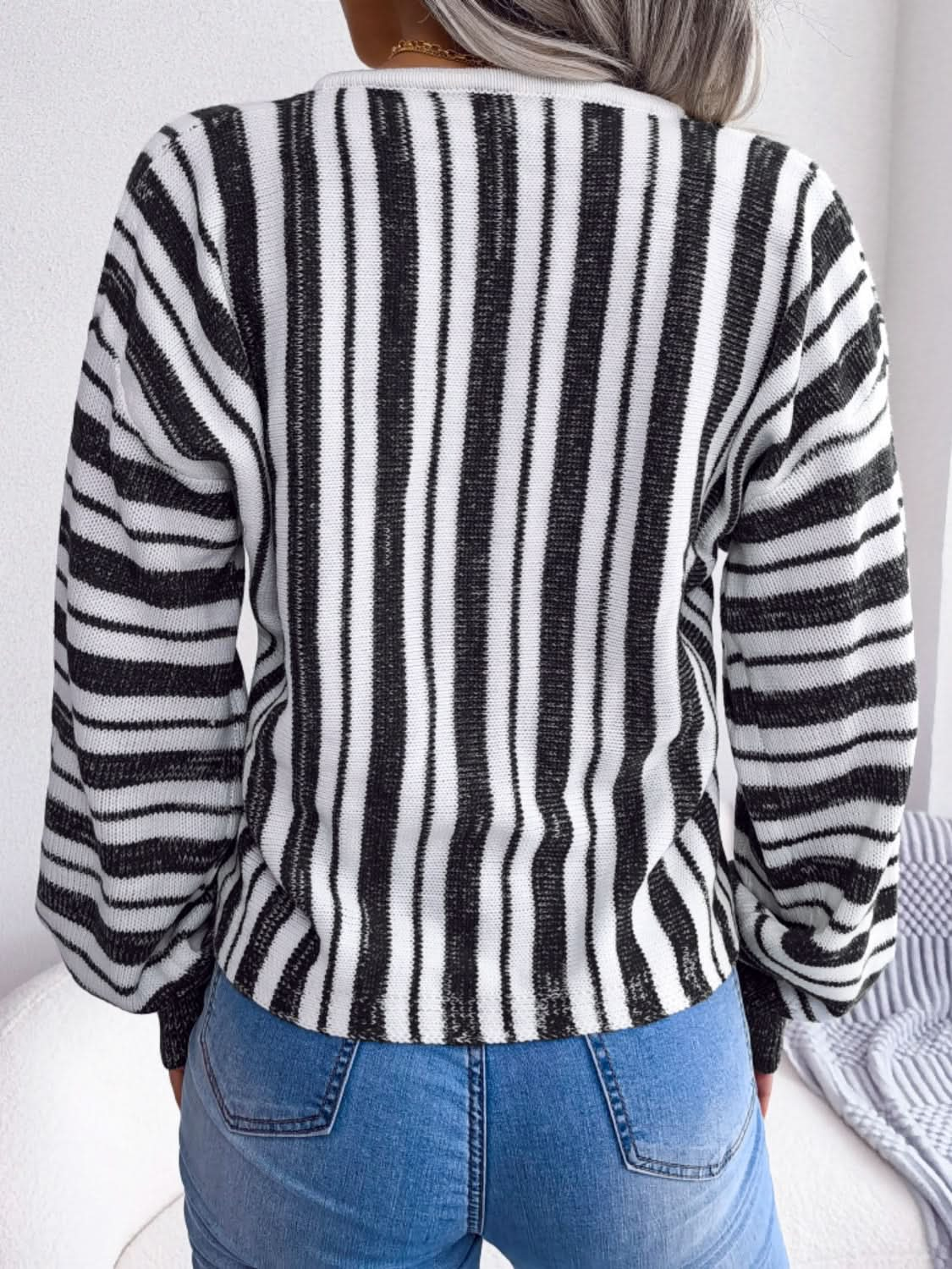 Lace-up striped long sleeve sweater