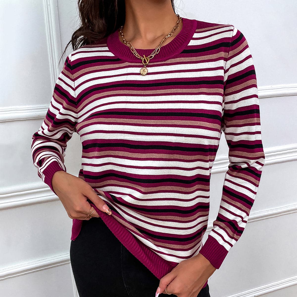 Striped Round Neck Long Sleeve Sweater.