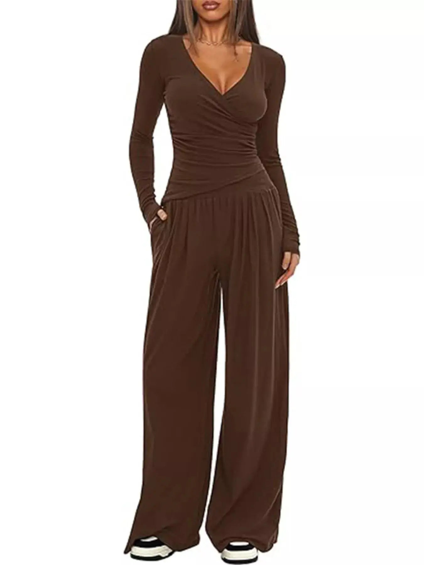 Casual Brown Long Sleeve Wrap Top And Wide Leg Pants Two-Piece Set Simply Love