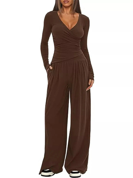 Casual Brown Long Sleeve Wrap Top And Wide Leg Pants Two-Piece Set Simply Love
