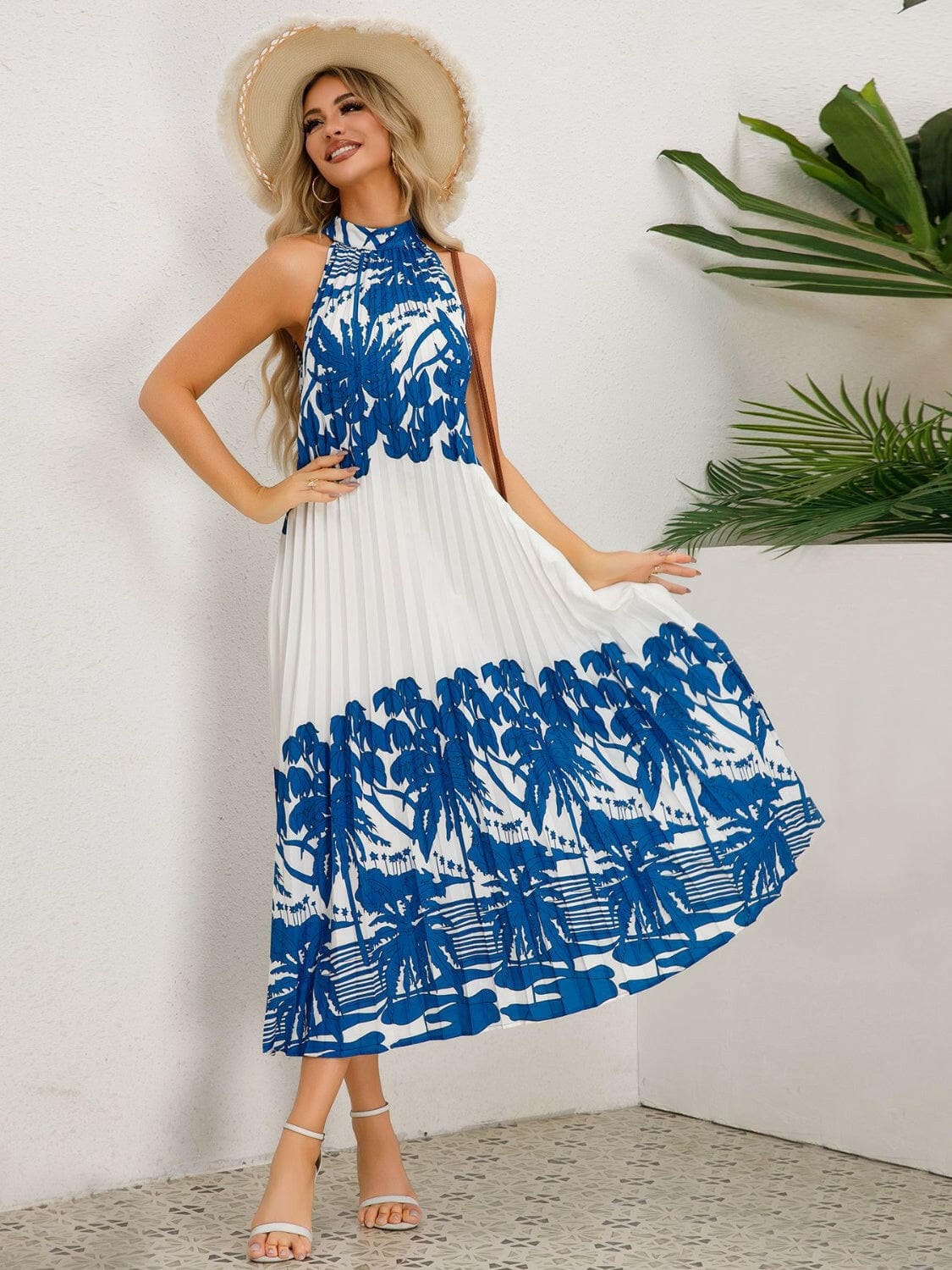 Tied Printed Sleeveless Midi Dress.