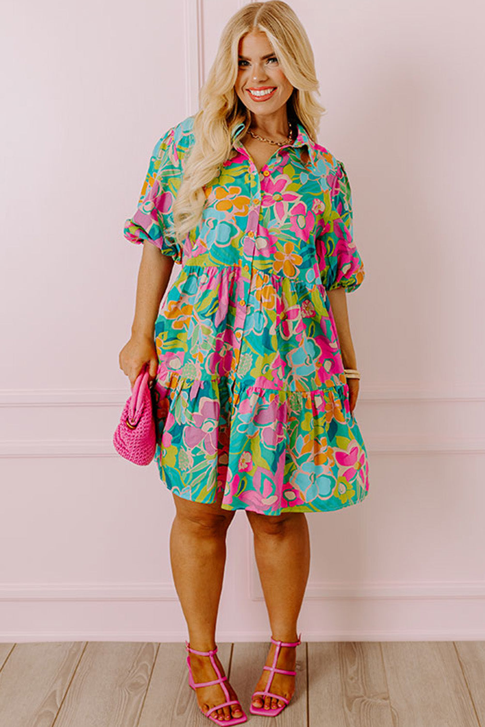 Floral green puff sleeve tiered shirt dress for a chic look