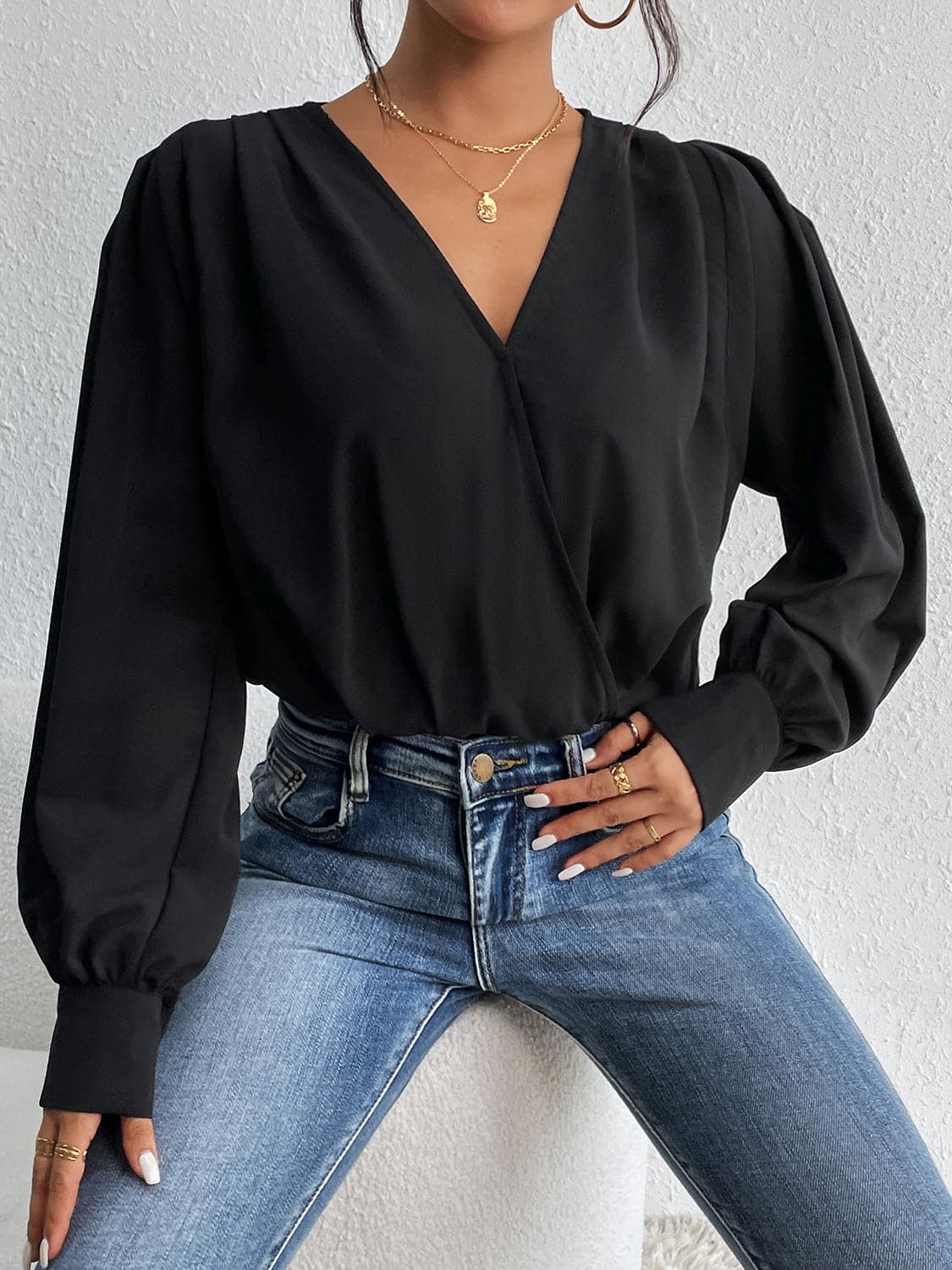 Surplice Ruched Long Sleeve Bodysuit.