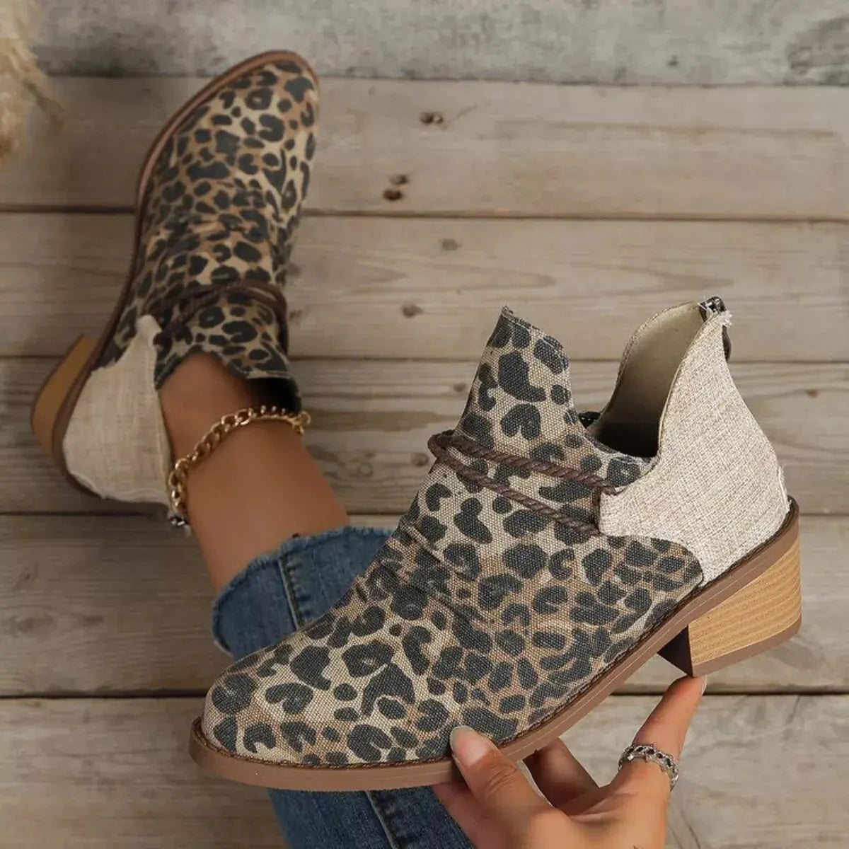 Two Tone Denim Block Heel Ankle Boots Beige Accent Simply Love