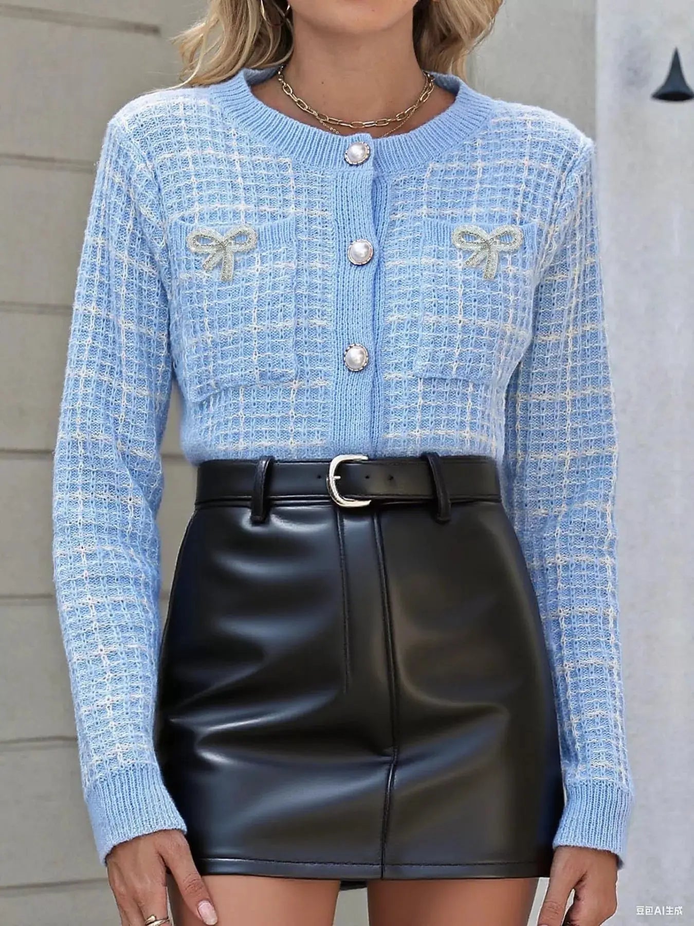 Bow Decor Button Up Cardigan For Women Tweed Knit With Pearl Buttons Simply Love