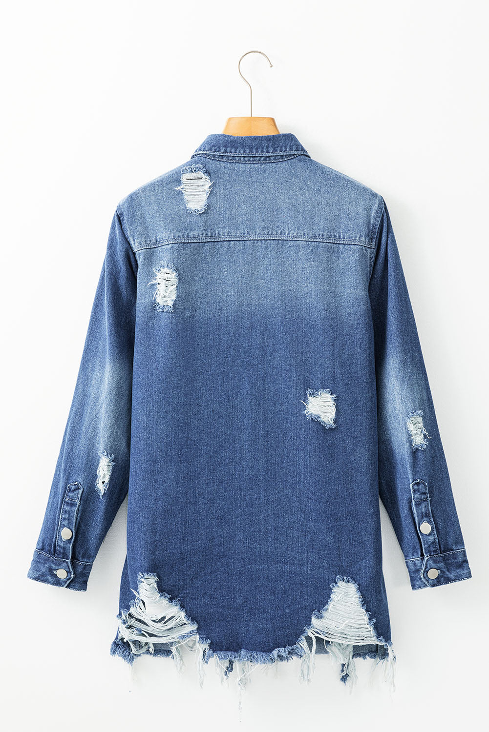 Sky Blue Light Wash Distressed Frayed Long Denim Jacket Love Salve