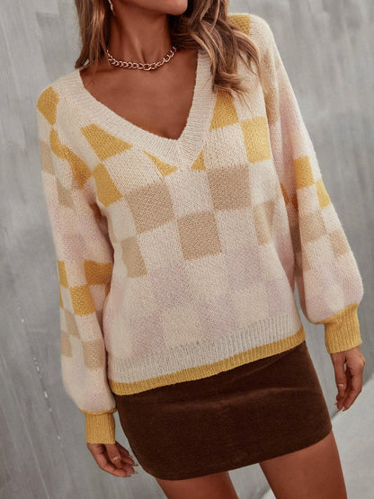 Checkered V-Neck Lantern Sleeve Sweater.