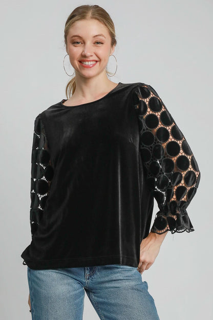 Charming Polka Dot Lace Long Sleeve Blouse with Round Neck