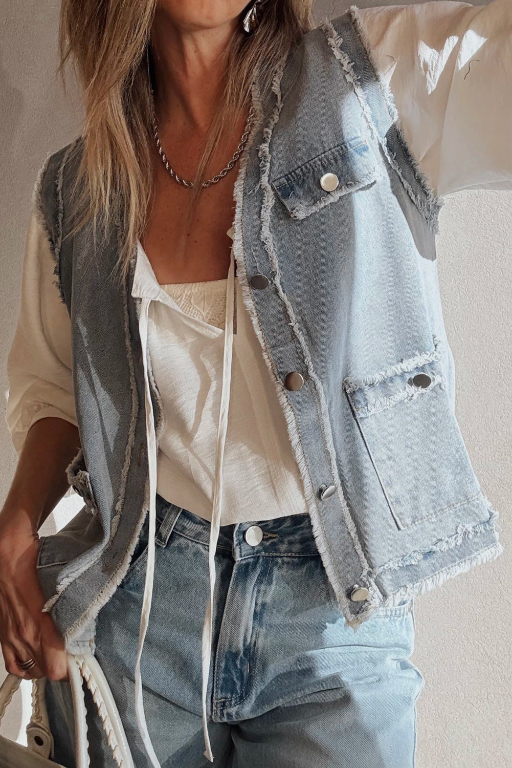 Beau Blue Frayed Edge Denim Vest Jacket With Flap Pockets For Casual Streetwear Essentials Dear-Lover Dropshipping