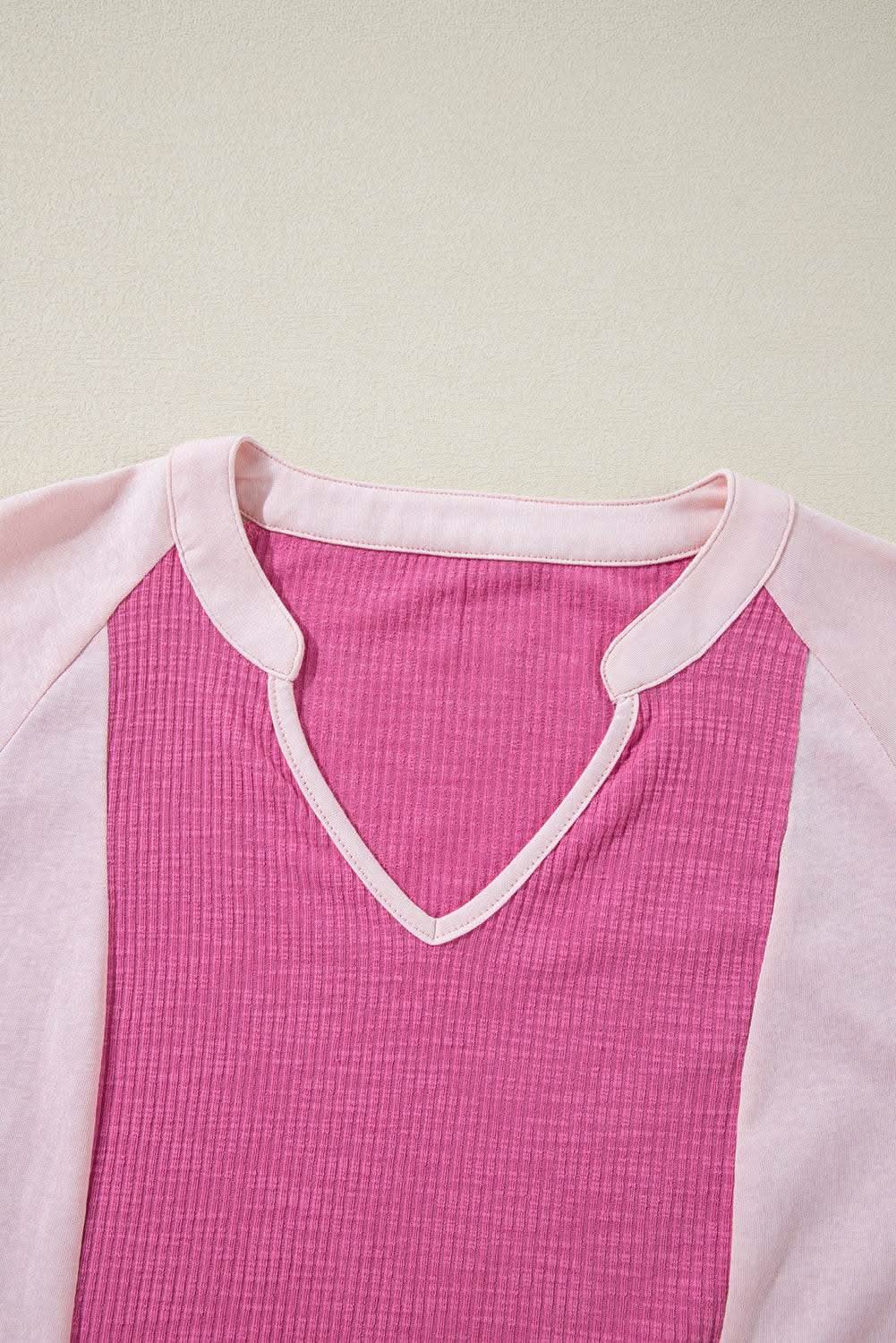 Bright Pink Textured Colorblock 3/4 Sleeve Oversize Top - Love Salve 