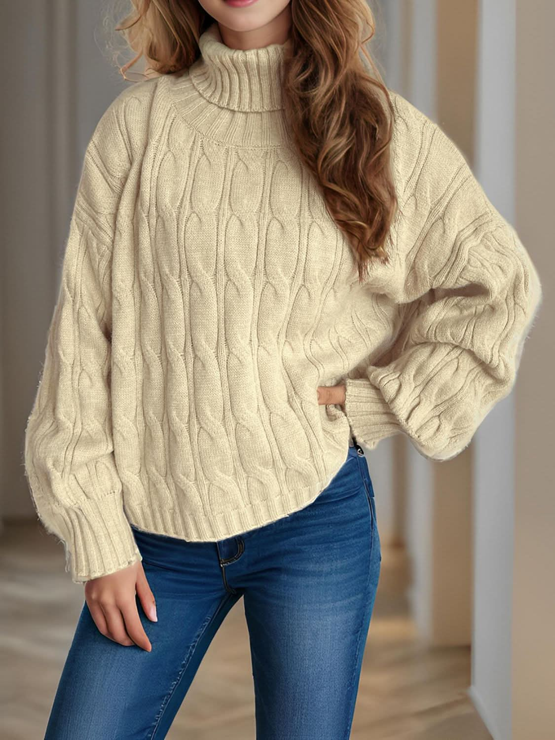 Cable-Knit Turtleneck Long Sleeve Sweater