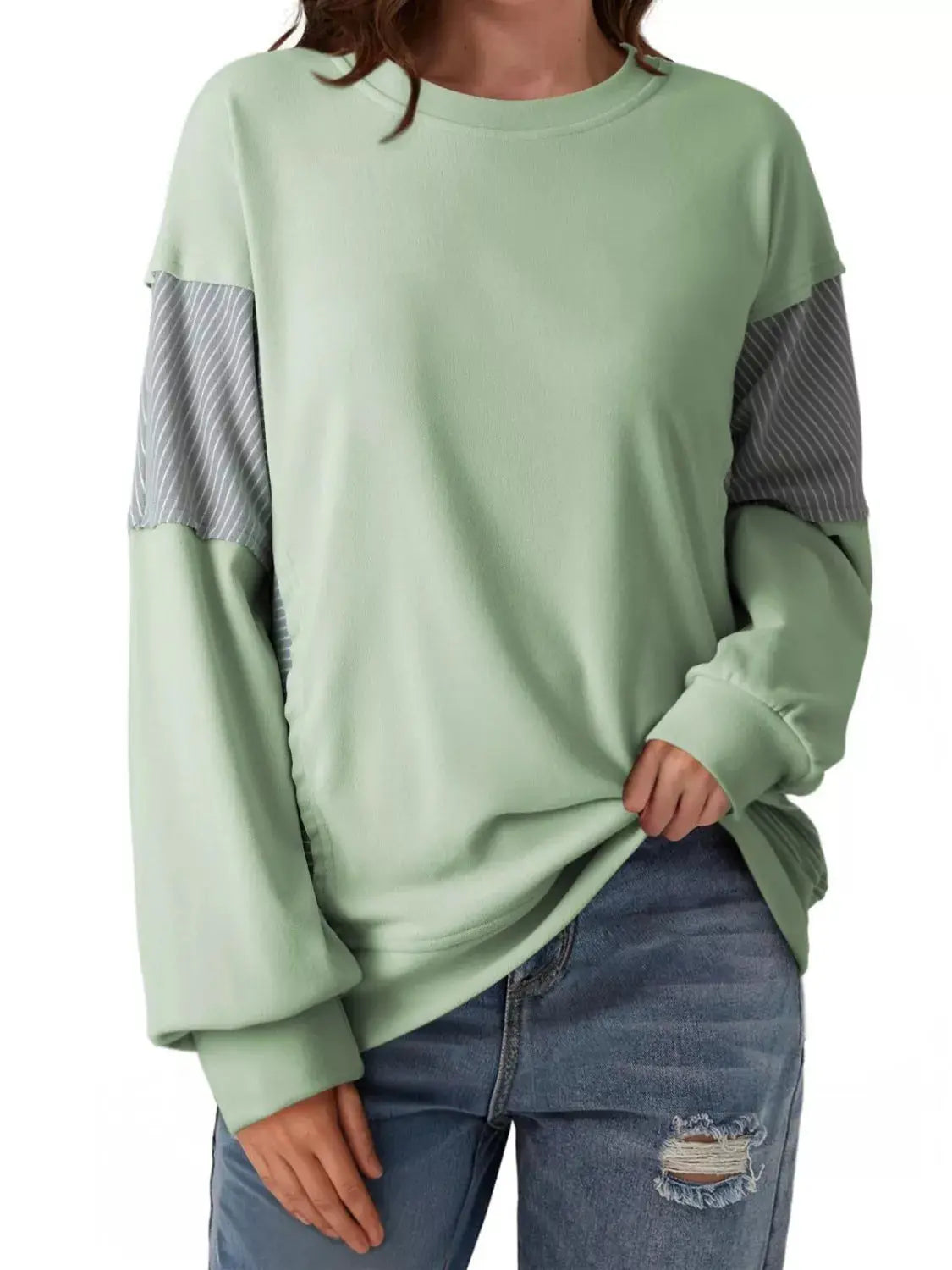 Color Block Striped Sleeve Casual Sweatshirt Simply Love